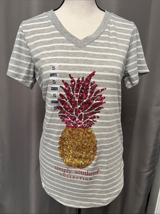 Simply Southern Tops - Simply Southern Gray White Striped Short Sleeve Tee with Sequin Pineapple